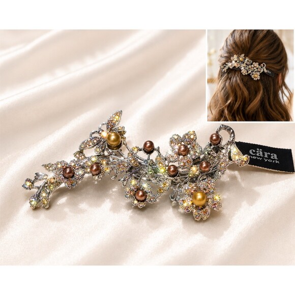 Cara New York Accessories - Vintage Cara New York Barrette Hair Clip Silver Crystal Pearl Floral Bridal cute